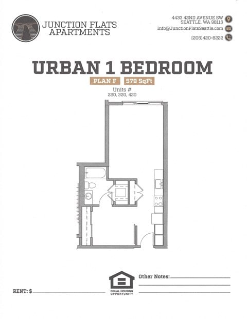 Floor plan for 1 bed, 1 bath, 579 sqft